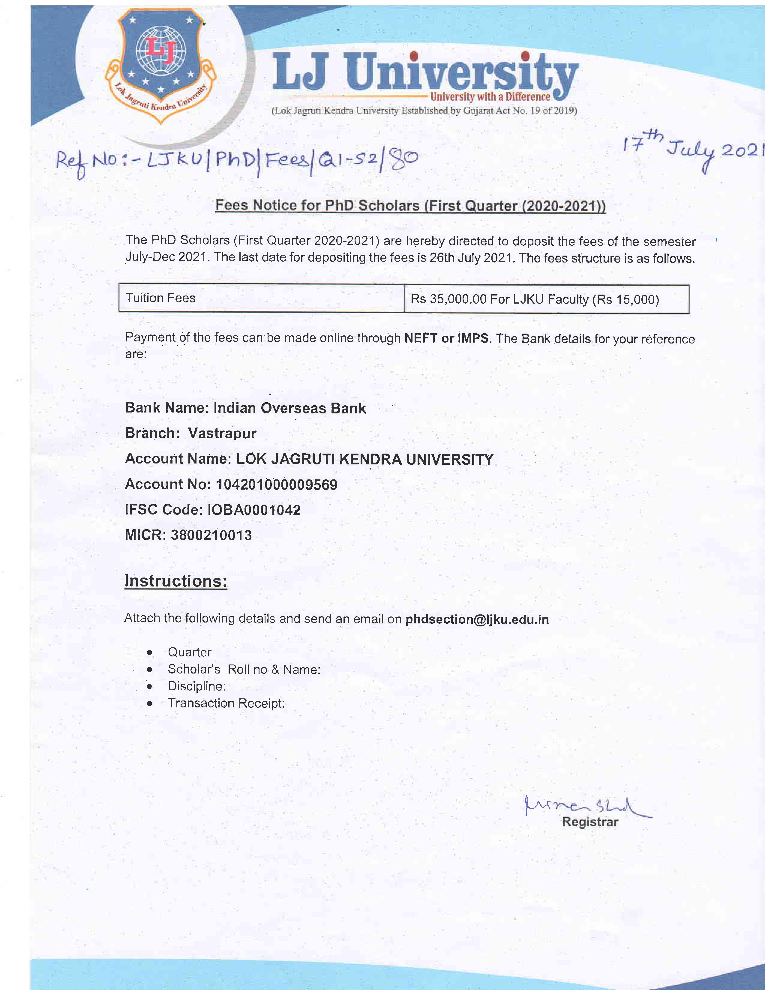 PhD Fee Payment notification
